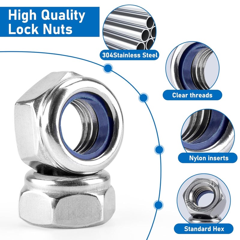 Vmuter 100 Pack M6 Lock Nuts, 304 (A2-70) Stainless Steel Nylon Insert Locknuts,Standard Inch Thread Nylock Nuts - Image 3
